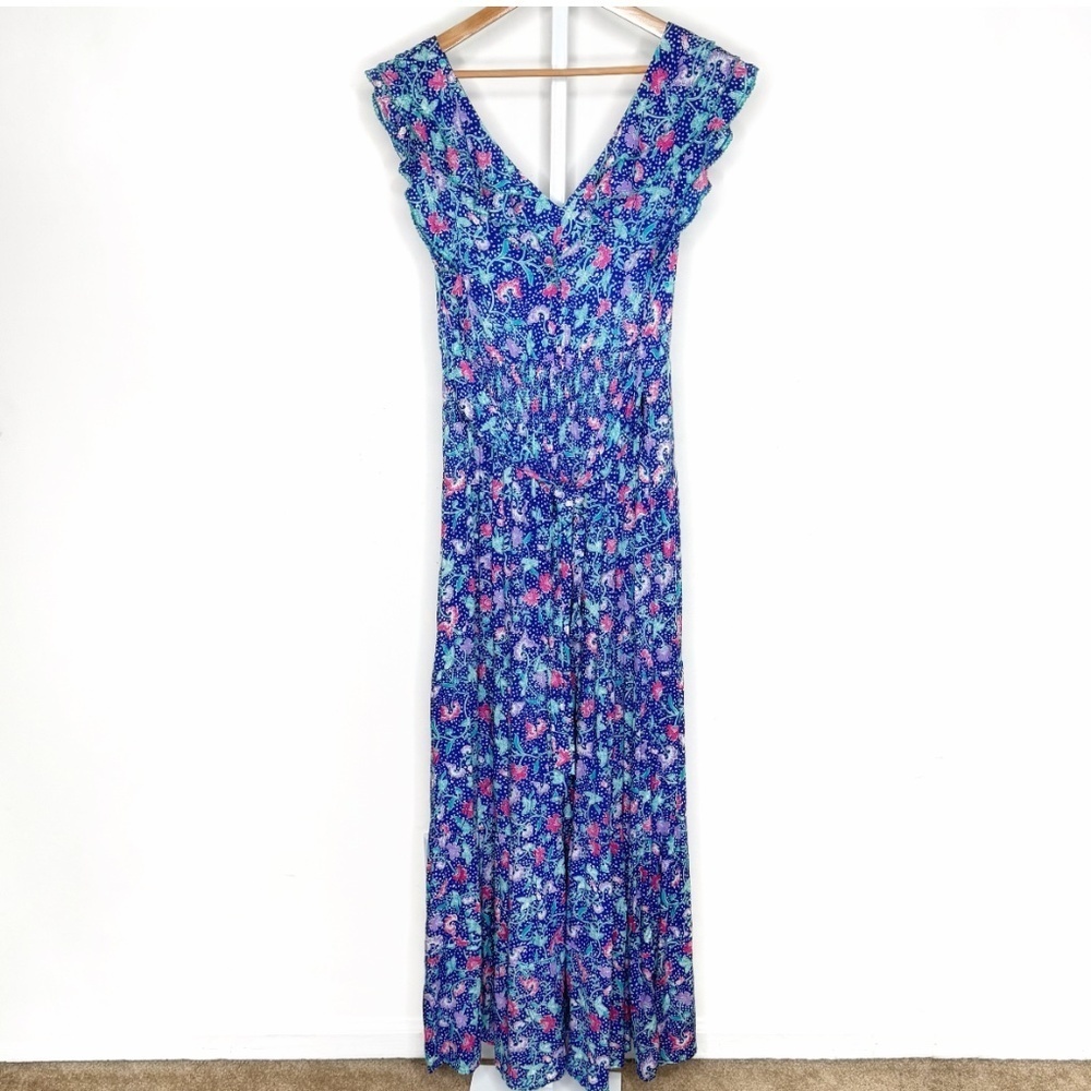 Poupette St Barth Della Maxi Dress Belted Blue Pink Ruffle Sleeve Tiered Skirt - Picture 2 of 16